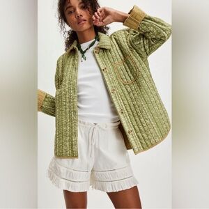 Free people Alexis quilted Jacket Olive flowers spring cotton Sz Small NWT $198